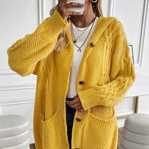 Yellow Boho Womens Dual Pocket Drop Shoulder Cable Knit Hooded Cardigan